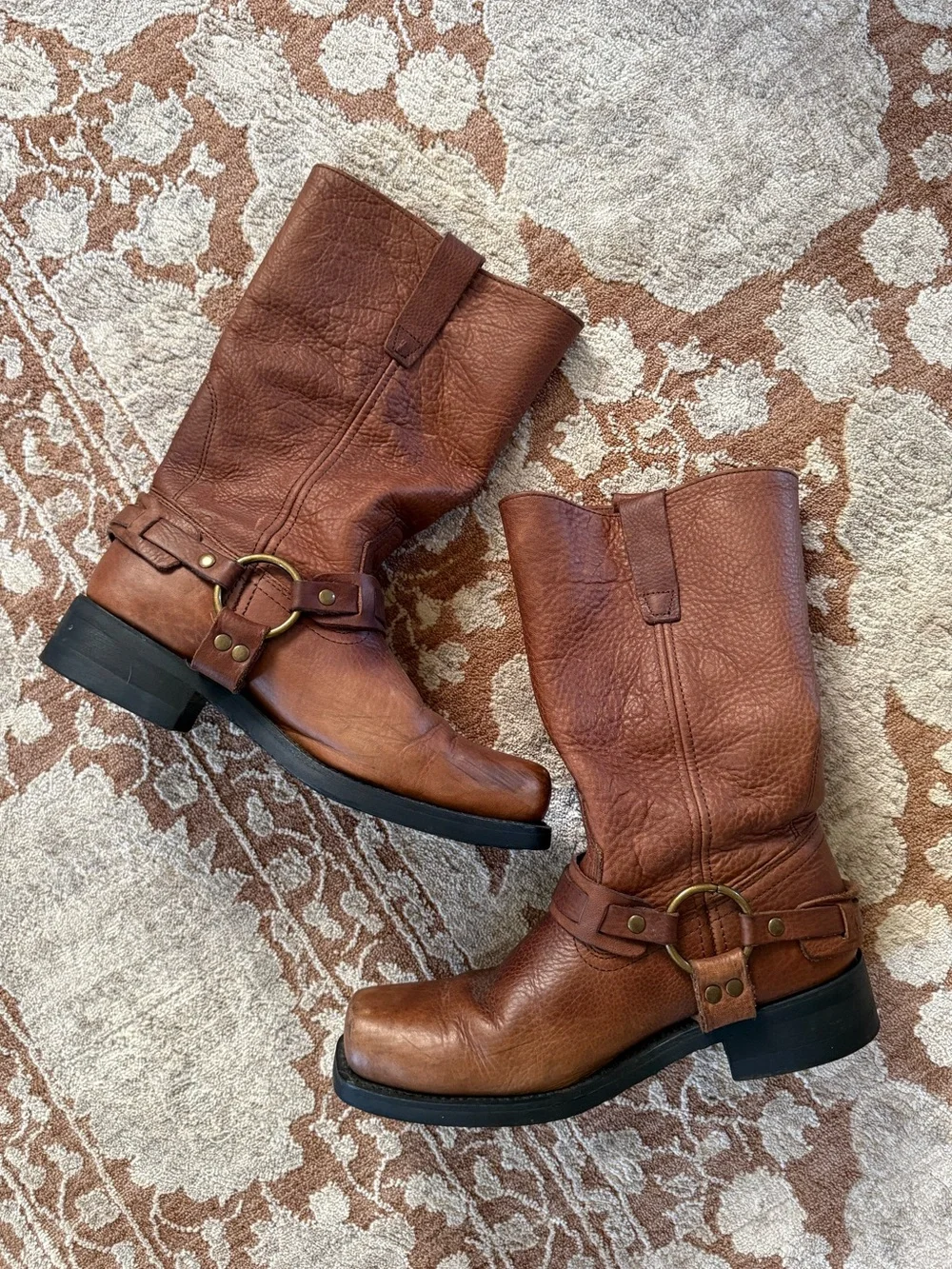 Brown Square toe leather harness boots sz 9.5